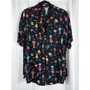 VTG SHARADE of California Black Fashion Print Button Up Blouse Women's Large Y2K